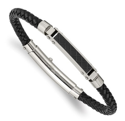 Chisel Stainless Steel Polished and Textured Black IP-plated Black Braided Leather Adjustable Bracelet (SRB2017)