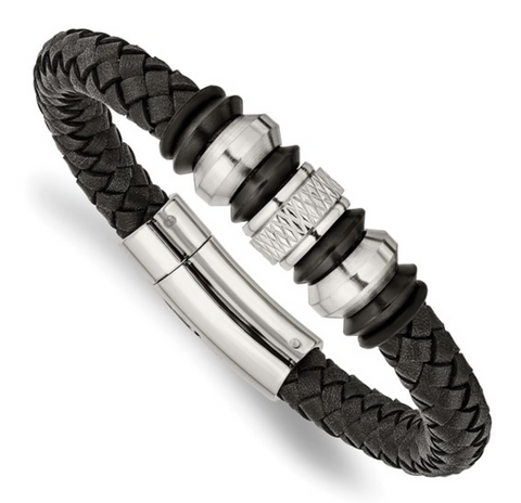 Chisel Stainless Steel Brushed Polished and Textured Black IP-plated Black Braided Leather and Rubber Bracelet (SRB2061)