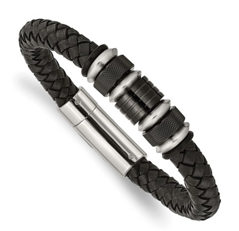 Chisel Stainless Steel Brushed and Polished Black IP-plated Black Braided Leather and Rubber Bracelet (SRB2062)