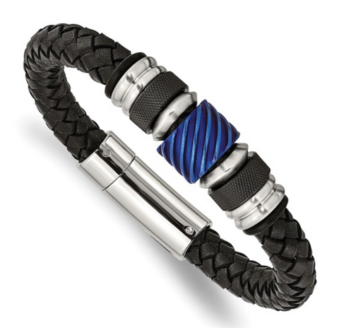 Chisel Stainless Steel Brushed and Polished Black and Blue IP-plated Black Braided Leather and Rubber Bracelet (SRB2064)