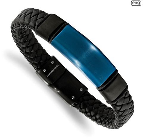 Chisel Stainless Steel Polished Black and Blue IP-plated Braided Black Leather with Silicone ID Bracelet (SRB2215)