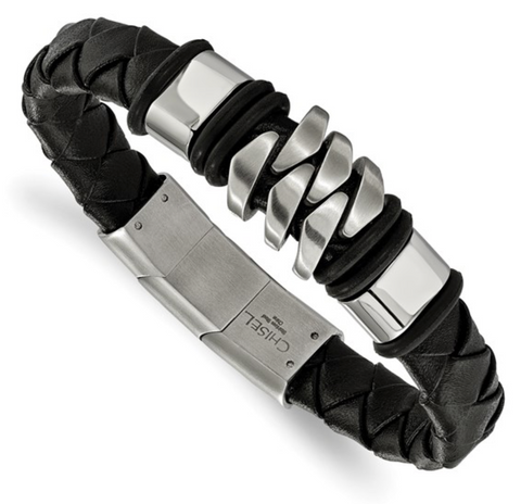 Chisel Stainless Steel Brushed and Polished Black Woven Leather Bracelet (SRB2240)