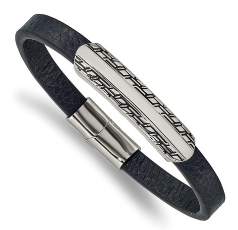 Chisel Stainless Steel Antiqued and Polished Navy Blue Leather Bracelet (SRB2391)