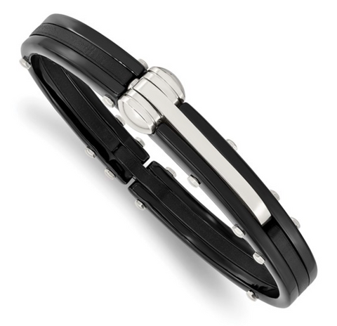 Chisel Stainless Steel Polished Black IP-plated and Black PVC Hinged Bangle (SRB240)