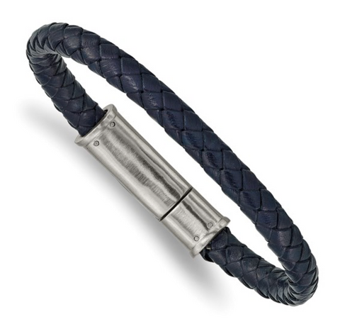 Chisel Stainless Steel Brushed Navy Blue Braided Leather Bracelet (SRB2406)