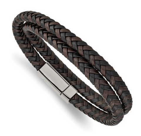 Chisel Stainless Steel Polished Black and Brown Braided Leather Wrap Bracelet (SRB2460)