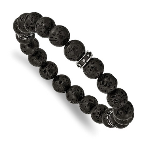 Chisel Stainless Steel Polished Black Enamel 10.5mm Lava Stone Beaded Stretch Bracelet (SRB2497)