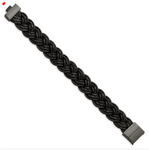 Chisel Stainless Steel Polished Black IP-plated Black Leather 8in Bracelet (SRB993)