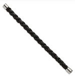 Chisel Stainless Steel Polished Twisted Black Braided Leather Bracelet (SRB999)