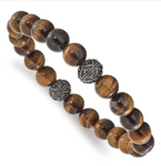 Chisel Stainless Steel Antiqued and Polished 10mm Tiger's Eye Stretch Bracelet (SRB3097)