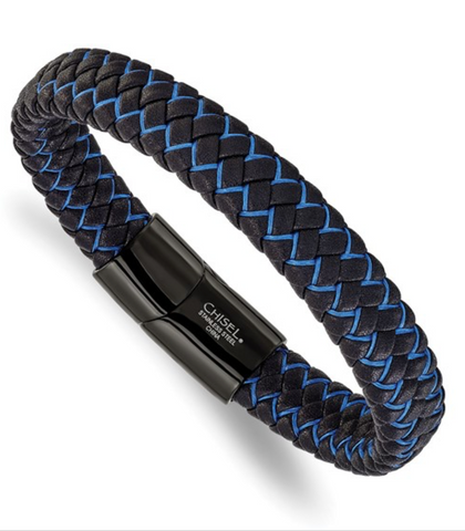 Chisel Stainless Steel Polished Black IP-plated Black Leather and Blue Fabric Bracelet (SRB3216)