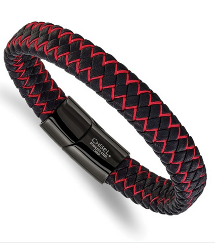 Chisel Stainless Steel Polished Black IP-plated Black Leather and Red Fabric Bracelet (SRB3215)