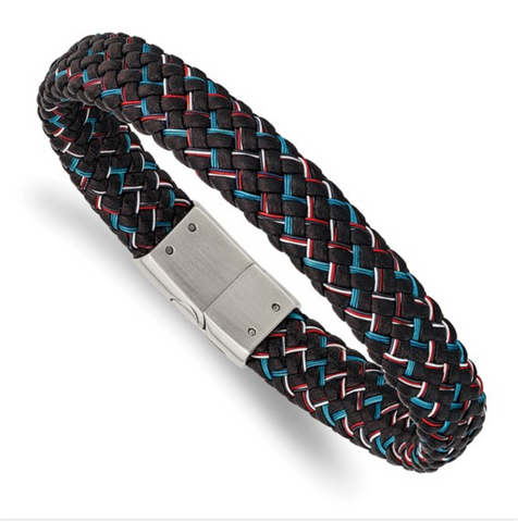 Chisel Stainless Steel Polished Braided Multi-color Wire and Black Leather Bracelet (SRB2966)