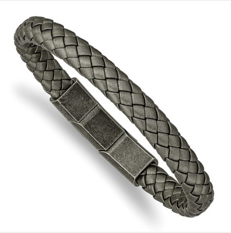 Chisel Stainless Steel Antiqued White Bronze Plated Braided Grey Leather Bracelet (SRB2416)