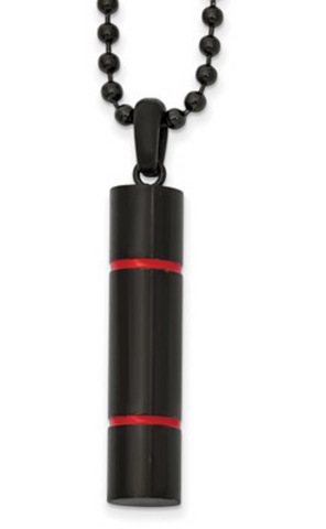 Chisel Stainless Steel Brushed and Polished Black IP-plated w/ Red Enamel Cylinder on a Ball Chain Necklace (SRN2601)