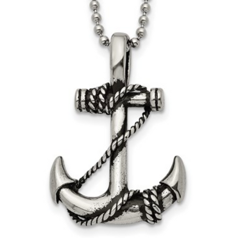 Chisel Stainless Steel Antiqued and Polished Anchor w/ Rope Pendant on a Ball Chain Necklace (SRN2283)