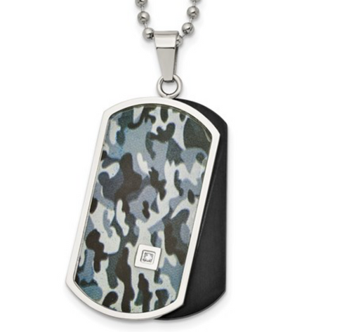 Chisel Stainless Steel Polished Black IP-plated & Camo Enamel w/ .015 carat Diamond Double Dog Tag on a Ball Chain Necklace (SRN1655)