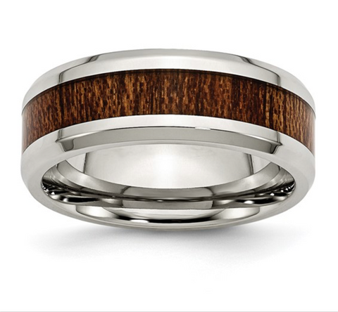 Chisel Stainless Steel Polished with Brown Koa Wood Inlay Enameled 8mm Band (SR403)