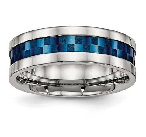 Chisel Stainless Steel Polished Blue IP-plated Checkered Design 7mm Band (SR517)