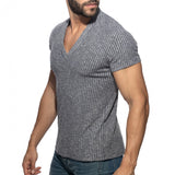 Addicted Jeans Rib Knit Mandarin Collar V-Neck Tee (AD1472)