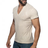 Addicted Jeans Rib Knit Mandarin Collar V-Neck Tee (AD1472)