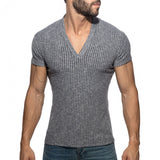Addicted Jeans Rib Knit Mandarin Collar V-Neck Tee (AD1472)