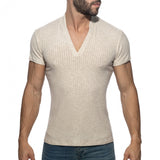 Addicted Jeans Rib Knit Mandarin Collar V-Neck Tee (AD1472)