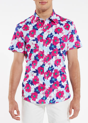 St33le Printed Cotton Knit Jersey Short Sleeve Shirt - Fuschia/Navy Floral (9217)