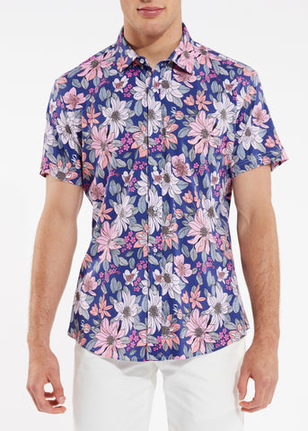 St33le Printed Cotton Knit Jersey Short Sleeve Shirt - Pink/Navy Blossoms (9233)